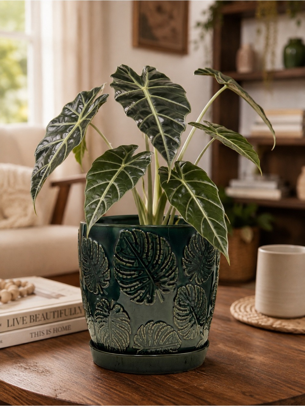Ceramic Leaf Planter with Attached Saucer and Drainage Hole, 7.5 Inch